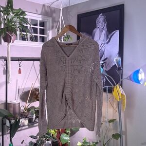 Lety Me Taupe Crochet Hooded Sweater Top M Open Knit Boho Festival